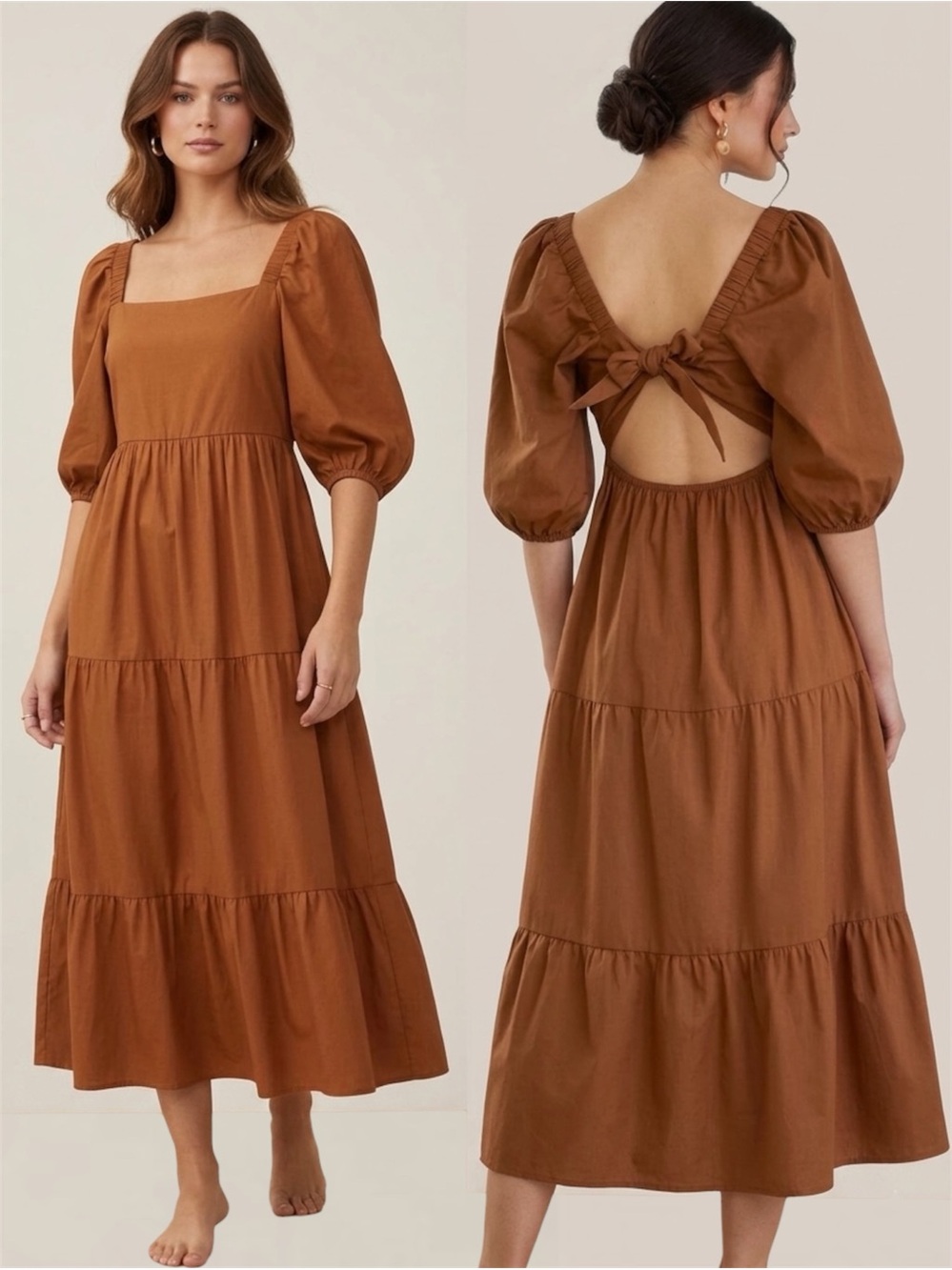 MINKPINK Yasamin Tiered Puff Sleeve Midi Dress Caramel NWT Medium